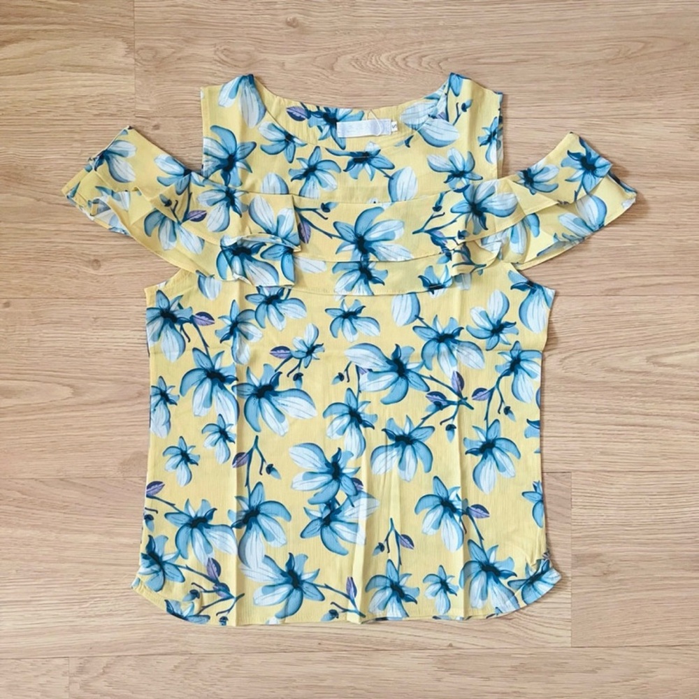 NEW Yellow/Blue Floral Cold Shoulder Ruffled Blouse - Picture 2 of 4